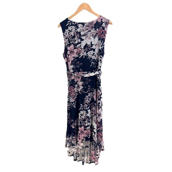 Connected Navy Blue Floral Print Mesh High-Low‎ Ruffled Midi Dress w/Tie Size 16 - Picture 5 of 7